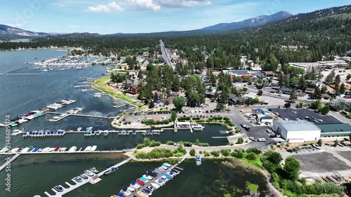A Drone flight over Big Bear and the Marina showing the recreational areas and the lake