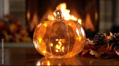 An illuminated glass pumpkin centerpiece glowing warmly in autumn fireplace setting with pinecones and leaves