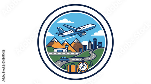 Airplane travel adventure with mountains and cityscape