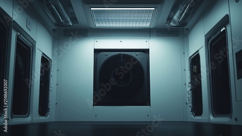Interior view of a futuristic, sterile room with ventilation systems.