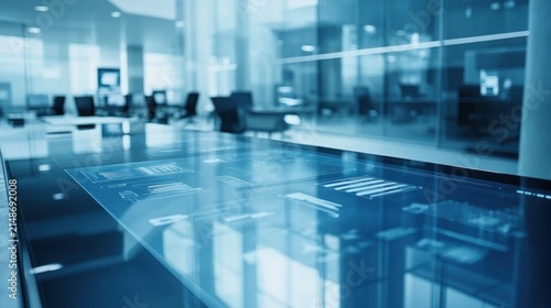 Interactive touch screen display in a modern office.