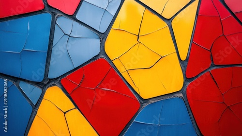 Close-up view of a vibrant, multicolored surface with cracked paint.