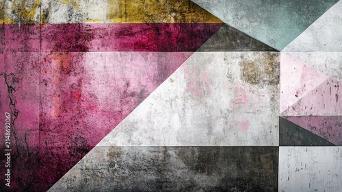 Abstract geometric design on a distressed textured surface.