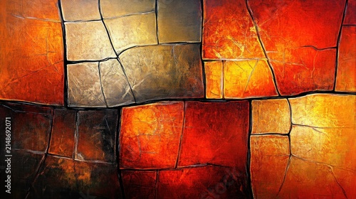 Abstract pattern of segmented squares in warm colors.