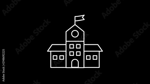 School Building icon animation. Back to school animated icon. White line with isolated black background