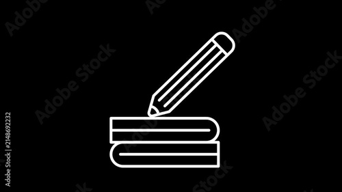 Pencil writing on book icon animation. Back to school animated icon. White line with isolated black background