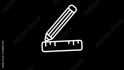 Pencil and ruler icon animation. Back to school animated icon. White line with isolated black background