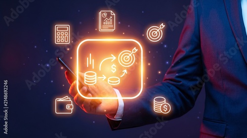 Financial planning app and digital investment strategy concept with businessman holding smartphone and glowing fintech icons for wealth management and business technology.