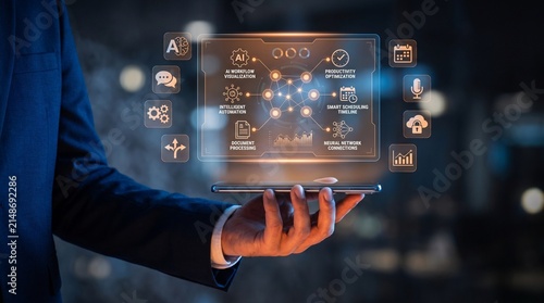 AI business automation technology with holographic interface on smartphone, futuristic digital workflow visualization, productivity optimization and neural network connections in office.