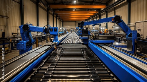 Robotic arm system operating a metal processing line in a large factory.