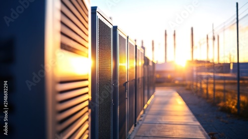 Industrial equipment row at sunset.