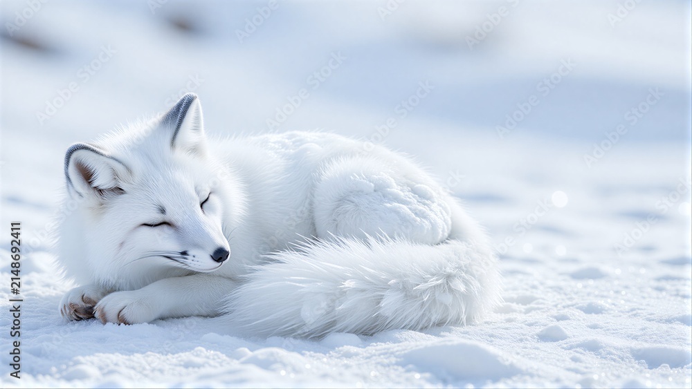 Naklejka premium White Arctic fox sleeps peacefully in snowy landscape, fur glowing softly under sunlight.