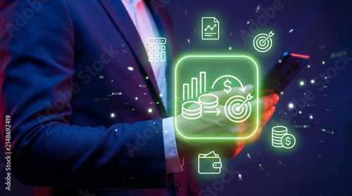 Financial investment app concept with businessman holding smartphone and glowing green icons for wealth management and digital banking.