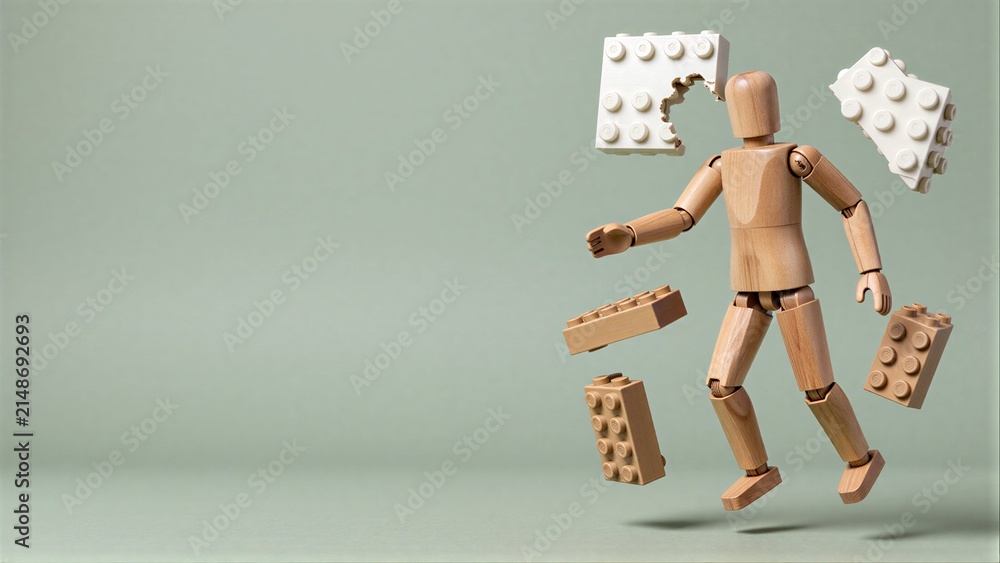 Fototapeta premium Wooden figure joyfully leaps among floating LEGO bricks against a soft green backdrop.