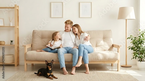 A happy young family with their adorable pet dog enjoying a cozy, relaxed moment together on a comfortable sofa in a bright, modern minimalist living room at home