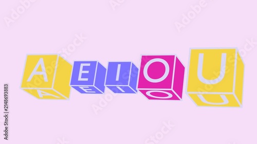 3D Rotating Cubes with the Five Spanish Vowels A E I O U in Kinetic Typography on White Background