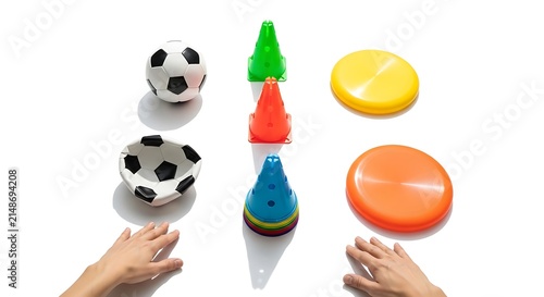 Colorful Sports Training Equipment Arrangement for Active Play and Agility Exercises on White