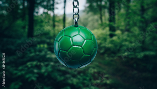 Green Soccer Ball Hanging in a Dense Forest Clearing.