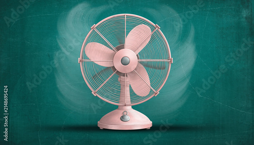 Vintage Pink Desk Fan with Misty Teal Background.