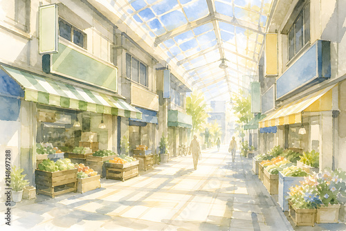 Nostalgic Japanese shopping street at midday watercolor illustration