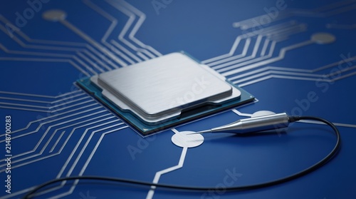 Modern CPU Processor Microchip on Blue Circuit Board with Testing Probe, High Tech Semiconductor Hardware