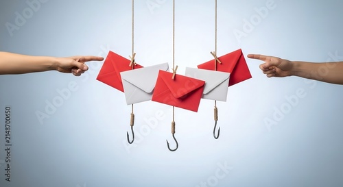 Suspicious red and white envelopes hanging on fishing hooks with fingers pointing