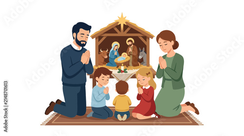 Family prays together in front of a miniature nativity scene during the holiday season.