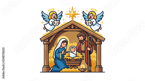 Nativity scene depicts the holy family with baby Jesus in a manger under the watchful gaze of two singing angels.