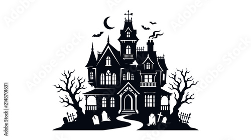 Halloween Vintage haunted house silhouette vector, spooky mansion illustration, gothic horror home outline, halloween night background with cemetery, bats and dead trees for decoration Vector