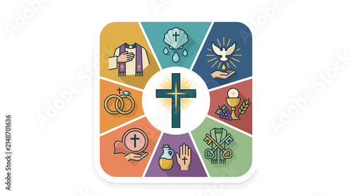 Cross icon serves as the central element in a diagram illustrating the seven sacraments of the catholic faith.