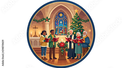 Congregation members sing carols in a church decorated for the holiday season with a large tree.