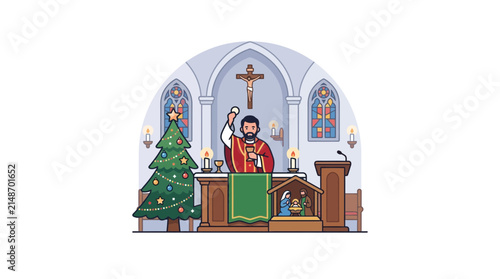 Priest conducts a mass at an altar with a christmas tree and a small nativity scene nearby.