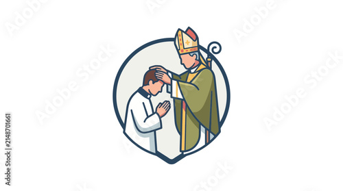 Bishop performs a confirmation ceremony by placing his hands on a young man's head.