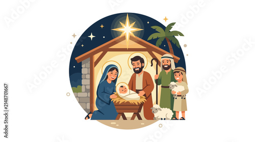 Nativity scene depicts the holy family with a newborn baby in a manger under a bright star.