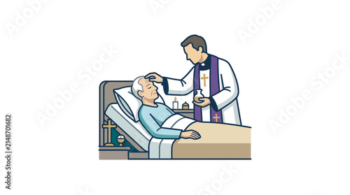 Priest administers the sacrament of anointing of the sick to an elderly man lying in a hospital bed.