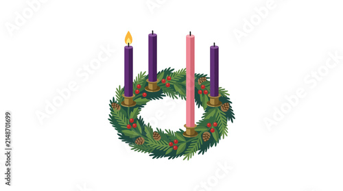 Advent wreath with four candles rests on a neutral background to signify the weeks before Christmas.