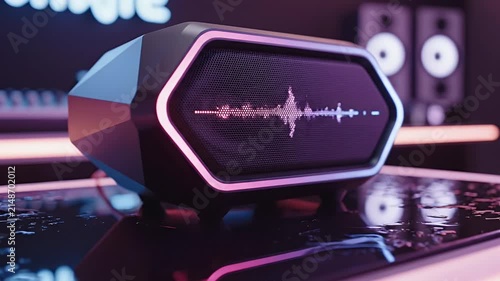 Futuristic neon-lit hexagonal Bluetooth speaker resting on a reflective glossy surface