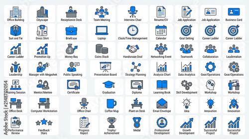 Office icons provide a visual collection of professional workplace equipment and corporate administration tasks.