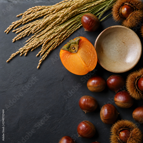 Japanese autumn harvest still life from above
