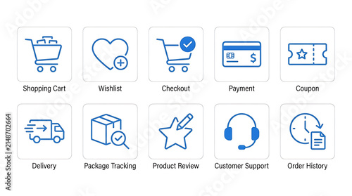 Icons illustrating e-commerce processes visualize the journey from browsing a shopping cart to final delivery and customer feedback.