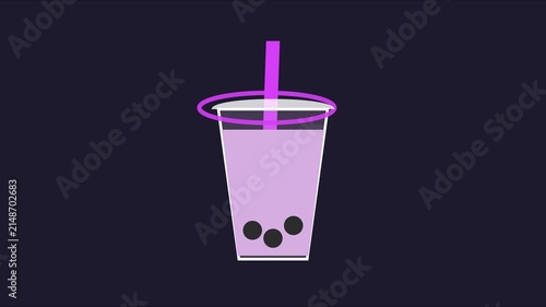 Minimalist bubble tea animation with floating tapioca pearls on dark 4k background, boba milk tea