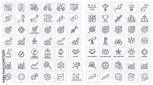 Business strategy icons display a wide array of planning symbols designed for performance tracking, goal achievement, and corporate growth analysis.