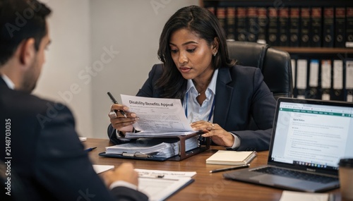 Focused advocate carefully reviewing disability benefits documents with blurred background emphasizing detailed appeal preparation during office meeting.