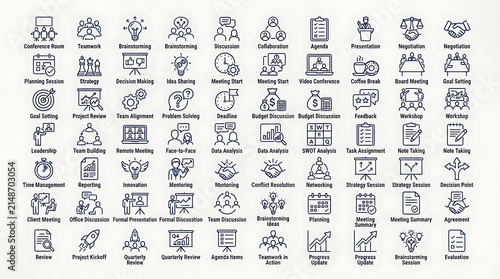 Symbols depicting team collaboration and project management tasks are arranged in a structured grid.