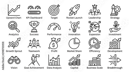 Growth charts and professional development symbols are arranged in a minimalist linear icon collection.