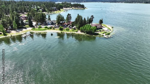 A Drone flight over Big Bear and the Marina showing the recreational areas and the lake