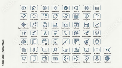 Symbols representing digital transformation and modern technological infrastructure fill this icon grid.