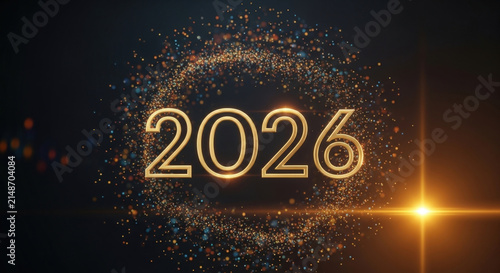 Elegant gold numbers 2026 floating in center of swirling galaxy of glowing colorful glitter particles against deep black background festive art.