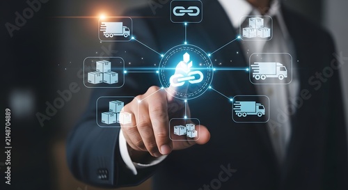 Businessman touching supply chain management network screen with icons of logistics cargo delivery shipping and global distribution network concept