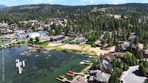 A Drone flight over Big Bear and the Marina showing the recreational areas and the lake